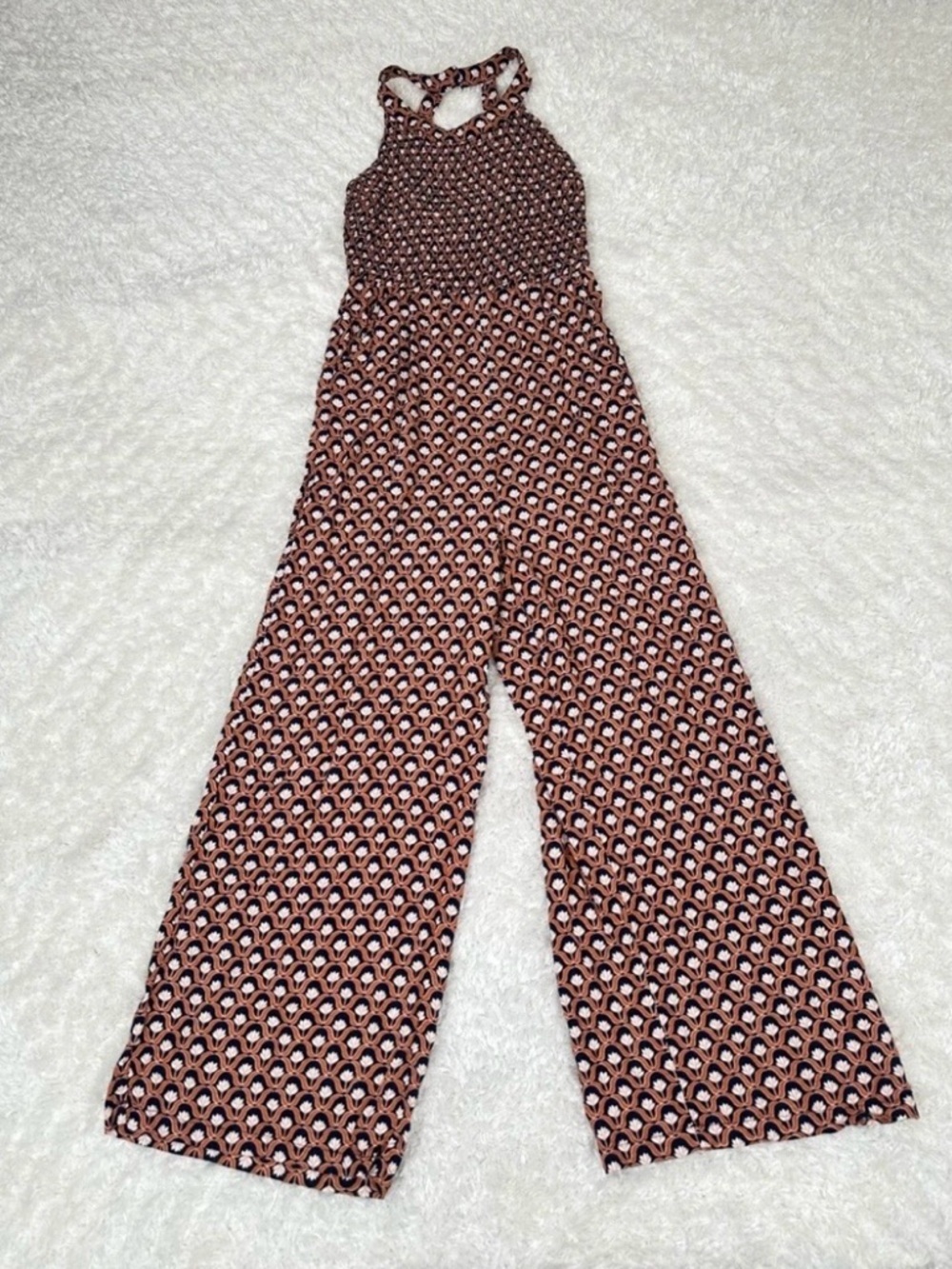 Jessica Simpson Brown Multi Halter Smocked Wide-Leg Jumpsuit Small